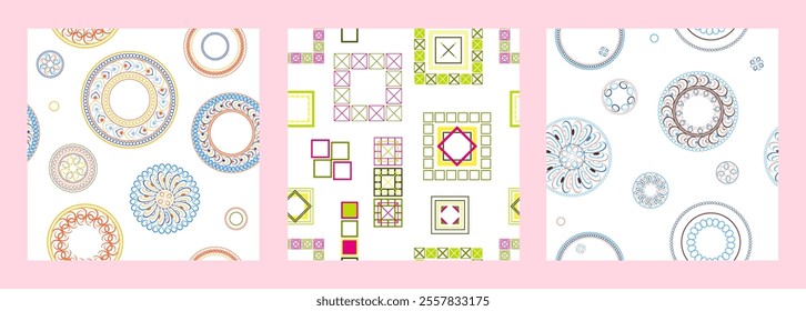 Seamless pattern of geometric shapes. Bright seamless pattern. Set of 3 patterns. Design for fabric, wallpaper, wrapping paper. Vector