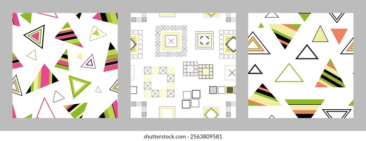 Seamless pattern of geometric shapes. Bright seamless pattern. Set of 3 patterns. Design for fabric, wallpaper, wrapping paper. Vector