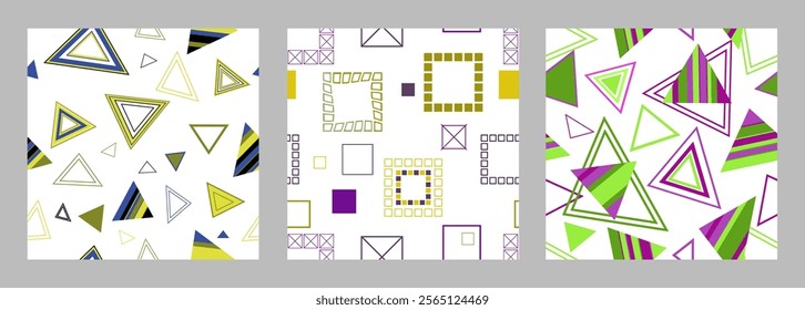 Seamless pattern of geometric shapes. Bright seamless pattern. Set of 3 patterns. Design for fabric, wallpaper, wrapping paper. Vector