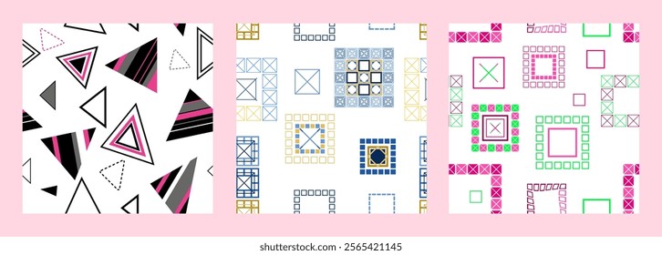 Seamless pattern of geometric shapes. Bright seamless pattern. Set of 3 patterns. Design for fabric, wallpaper, wrapping paper. Vector