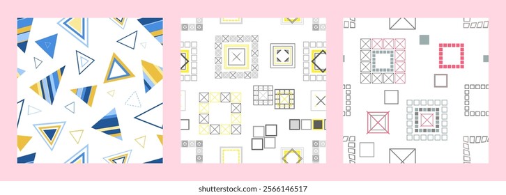 Seamless pattern of geometric shapes. Bright seamless pattern. Set of 3 patterns. Design for fabric, wallpaper, wrapping paper. Vector