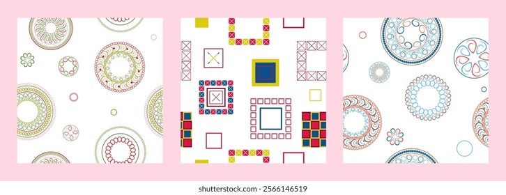 Seamless pattern of geometric shapes. Bright seamless pattern. Set of 3 patterns. Design for fabric, wallpaper, wrapping paper. Vector