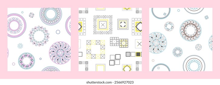 Seamless pattern of geometric shapes. Bright seamless pattern. Set of 3 patterns. Design for fabric, wallpaper, wrapping paper. Vector