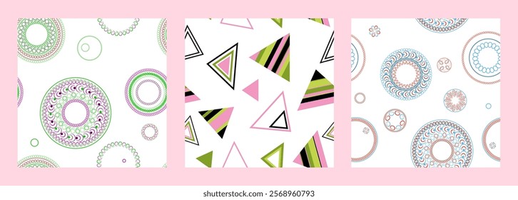 Seamless pattern of geometric shapes. Bright seamless pattern. Set of 3 patterns. Design for fabric, wallpaper, wrapping paper. Vector