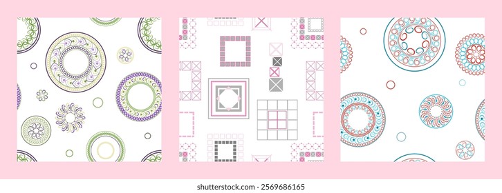 Seamless pattern of geometric shapes. Bright seamless pattern. Set of 3 patterns. Design for fabric, wallpaper, wrapping paper. Vector