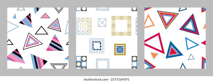 Seamless pattern of geometric shapes. Bright seamless pattern. Set of 3 patterns. Design for fabric, wallpaper, wrapping paper. Vector
