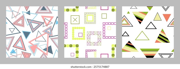 Seamless pattern of geometric shapes. Bright seamless pattern. Set of 3 patterns. Design for fabric, wallpaper, wrapping paper. Vector
