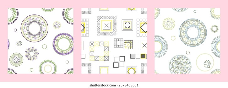 Seamless pattern of geometric shapes. Bright seamless pattern. Set of 3 patterns. Design for fabric, wallpaper, wrapping paper. Vector