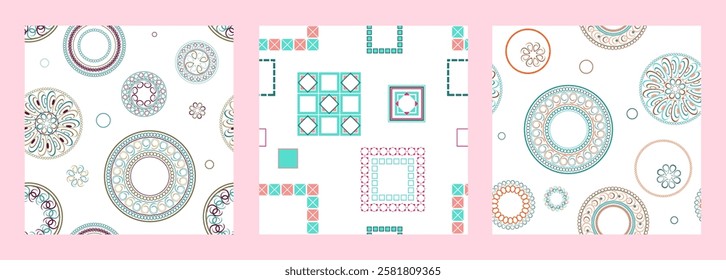 Seamless pattern of geometric shapes. Bright seamless pattern. Set of 3 patterns. Design for fabric, wallpaper, wrapping paper. Vector