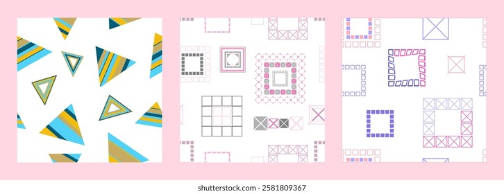 Seamless pattern of geometric shapes. Bright seamless pattern. Set of 3 patterns. Design for fabric, wallpaper, wrapping paper. Vector
