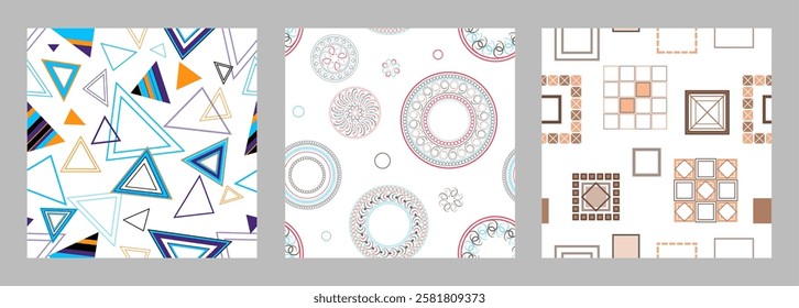 Seamless pattern of geometric shapes. Bright seamless pattern. Set of 3 patterns. Design for fabric, wallpaper, wrapping paper. Vector