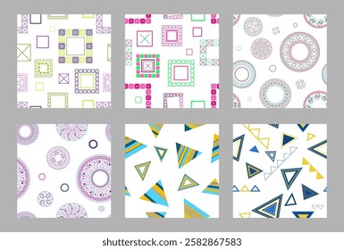 Seamless pattern of geometric shapes. Bright seamless pattern. Set of 6 patterns. Design for fabric, wallpaper, wrapping paper