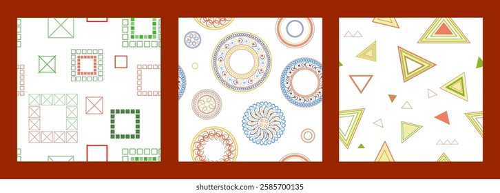 Seamless pattern of geometric shapes. Bright seamless pattern. Set of 3 patterns. Design for fabric, wallpaper, wrapping paper. Vector