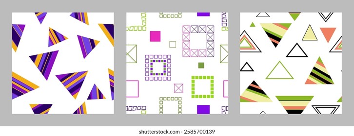Seamless pattern of geometric shapes. Bright seamless pattern. Set of 3 patterns. Design for fabric, wallpaper, wrapping paper. Vector