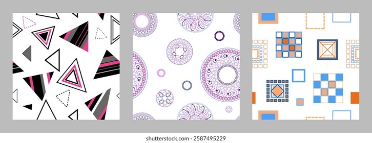 Seamless pattern of geometric shapes. Bright seamless pattern. Set of 3 patterns. Design for fabric, wallpaper, wrapping paper. Vector
