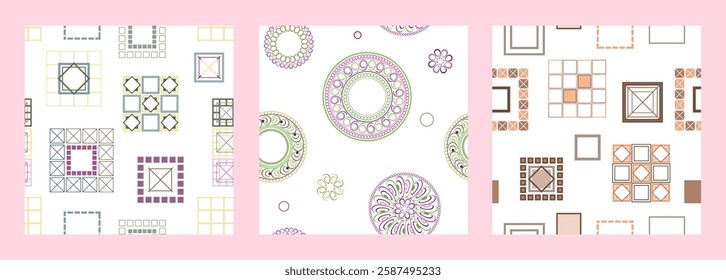 Seamless pattern of geometric shapes. Bright seamless pattern. Set of 3 patterns. Design for fabric, wallpaper, wrapping paper. Vector
