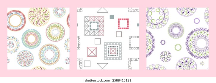 Seamless pattern of geometric shapes. Bright seamless pattern. Set of 3 patterns. Design for fabric, wallpaper, wrapping paper. Vector