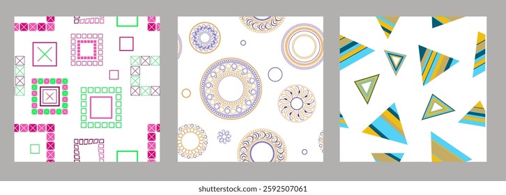 Seamless pattern of geometric shapes. Bright seamless pattern. Set of 3 patterns. Design for fabric, wallpaper, wrapping paper. Vector