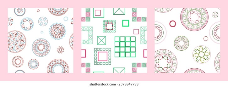 Seamless pattern of geometric shapes. Bright seamless pattern. Set of 3 patterns. Design for fabric, wallpaper, wrapping paper. Vector