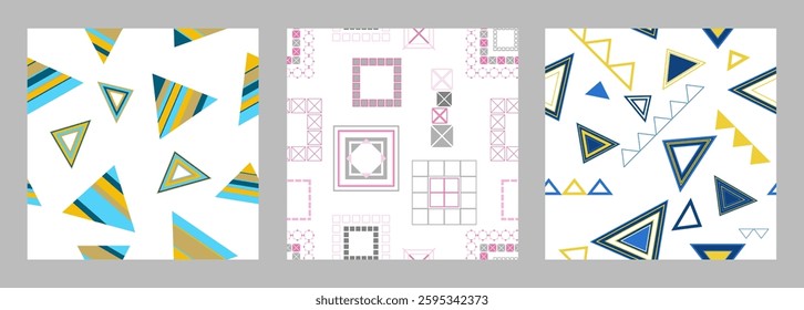 Seamless pattern of geometric shapes. Bright seamless pattern. Set of 3 patterns. Design for fabric, wallpaper, wrapping paper. Vector
