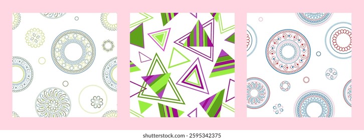 Seamless pattern of geometric shapes. Bright seamless pattern. Set of 3 patterns. Design for fabric, wallpaper, wrapping paper. Vector