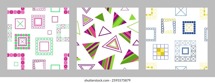 Seamless pattern of geometric shapes. Bright seamless pattern. Set of 3 patterns. Design for fabric, wallpaper, wrapping paper. Vector