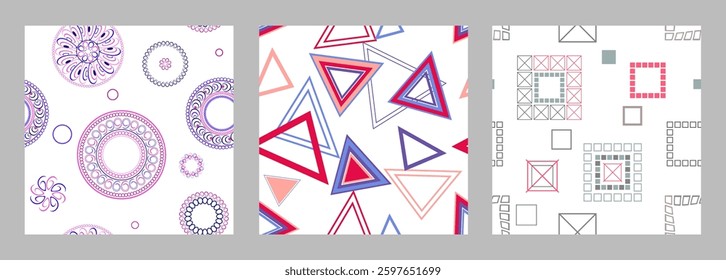 Seamless pattern of geometric shapes. Bright seamless pattern. Set of 3 patterns. Design for fabric, wallpaper, wrapping paper. Vector