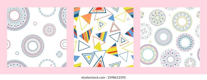 Seamless pattern of geometric shapes. Bright seamless pattern. Set of 3 patterns. Design for fabric, wallpaper, wrapping paper. Vector