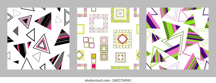 Seamless pattern of geometric shapes. Bright seamless pattern. Set of 3 patterns. Design for fabric, wallpaper, wrapping paper. Vector