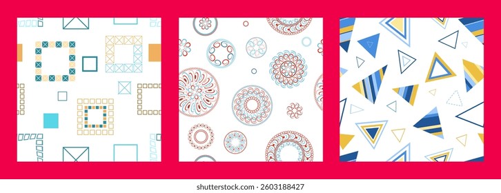 Seamless pattern of geometric shapes. Bright seamless pattern. Set of 3 patterns. Design for fabric, wallpaper, wrapping paper. Vector illustration