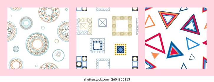 Seamless pattern of geometric shapes. Bright seamless pattern. Set of 3 patterns. Design for fabric, wallpaper, wrapping paper. Vector