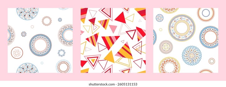 Seamless pattern of geometric shapes. Bright seamless pattern. Set of 3 patterns. Design for fabric, wallpaper, wrapping paper. Vector
