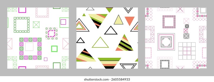 Seamless pattern of geometric shapes. Bright seamless pattern. Set of 3 patterns. Design for fabric, wallpaper, wrapping paper. Vector