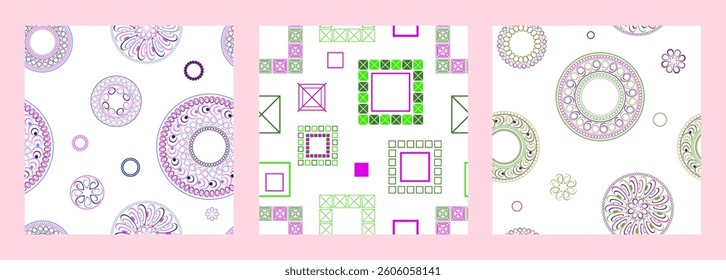 Seamless pattern of geometric shapes. Bright seamless pattern. Set of 3 patterns. Design for fabric, wallpaper, wrapping paper. Vector