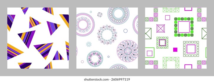 Seamless pattern of geometric shapes. Bright seamless pattern. Set of 3 patterns. Design for fabric, wallpaper, wrapping paper. Vector