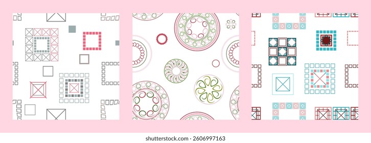 Seamless pattern of geometric shapes. Bright seamless pattern. Set of 3 patterns. Design for fabric, wallpaper, wrapping paper. Vector