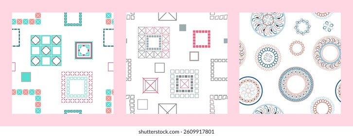 Seamless pattern of geometric shapes. Bright seamless pattern. Set of 3 patterns. Design for fabric, wallpaper, wrapping paper. Vector