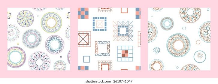 Seamless pattern of geometric shapes. Bright seamless pattern. Set of 3 patterns. Design for fabric, wallpaper, wrapping paper. Vector