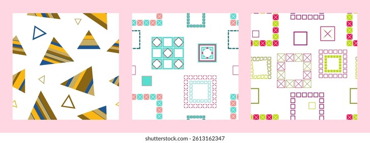 Seamless pattern of geometric shapes. Bright seamless pattern. Set of 3 patterns. Design for fabric, wallpaper, wrapping paper. Vector