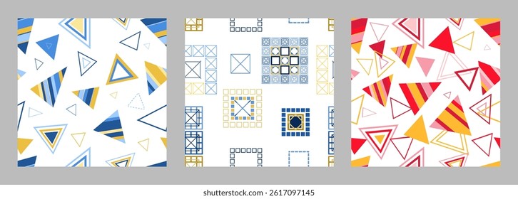 Seamless pattern of geometric shapes. Bright seamless pattern. Set of 3 patterns. Design for fabric, wallpaper, wrapping paper. Vector