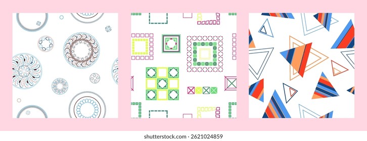 Seamless pattern of geometric shapes. Bright seamless pattern. Set of 3 patterns. Design for fabric, wallpaper, wrapping paper. Vector