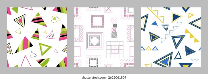 Seamless pattern of geometric shapes. Bright seamless pattern. Set of 3 patterns. Design for fabric, wallpaper, wrapping paper. Vector