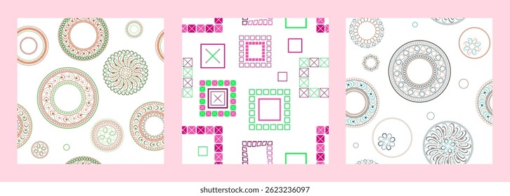 Seamless pattern of geometric shapes. Bright seamless pattern. Set of 3 patterns. Design for fabric, wallpaper, wrapping paper. Vector