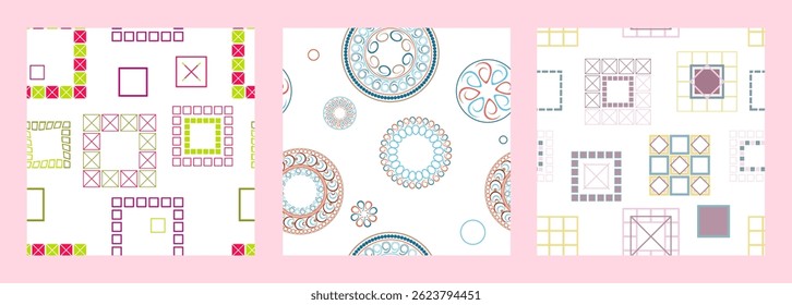Seamless pattern of geometric shapes. Bright seamless pattern. Set of 3 patterns. Design for fabric, wallpaper, wrapping paper. Vector