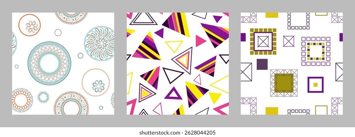 Seamless pattern of geometric shapes. Bright seamless pattern. Set of 3 patterns. Design for fabric, wallpaper, wrapping paper. Vector