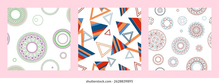 Seamless pattern of geometric shapes. Bright seamless pattern. Set of 3 patterns. Design for fabric, wallpaper, wrapping paper. Vector