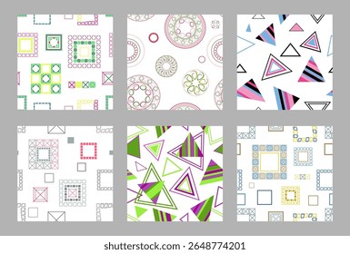 Seamless pattern of geometric shapes. Bright seamless pattern. Set of 6 patterns. Design for fabric, wallpaper, wrapping paper