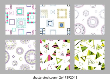 Seamless pattern of geometric shapes. Bright seamless pattern. Set of 6 patterns. Design for fabric, wallpaper, wrapping paper