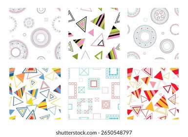 Seamless pattern of geometric shapes. Bright seamless pattern. Set of 6 patterns. Design for fabric, wallpaper, wrapping paper