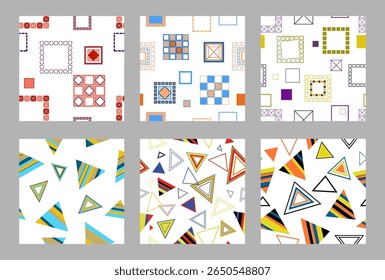 Seamless pattern of geometric shapes. Bright seamless pattern. Set of 6 patterns. Design for fabric, wallpaper, wrapping paper